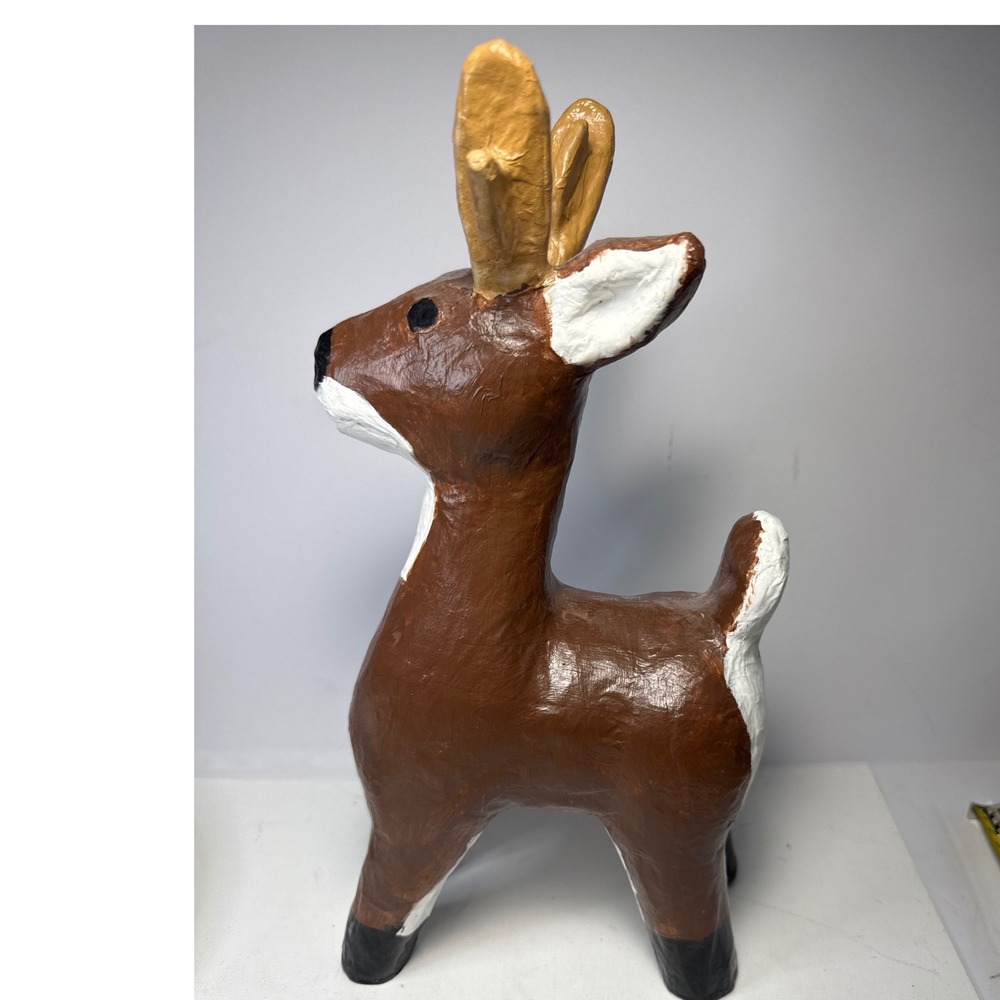 Paper Mache Deer Figurine 12in Brown Folk Art Buck Rustic Wooland